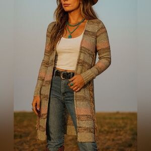 Maurices Womens L Brown Striped Fringed Open‎ Front Sweater Beachy Boho Western